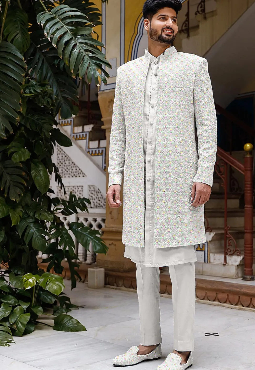 Chikankari Georgette Sherwani in Off White