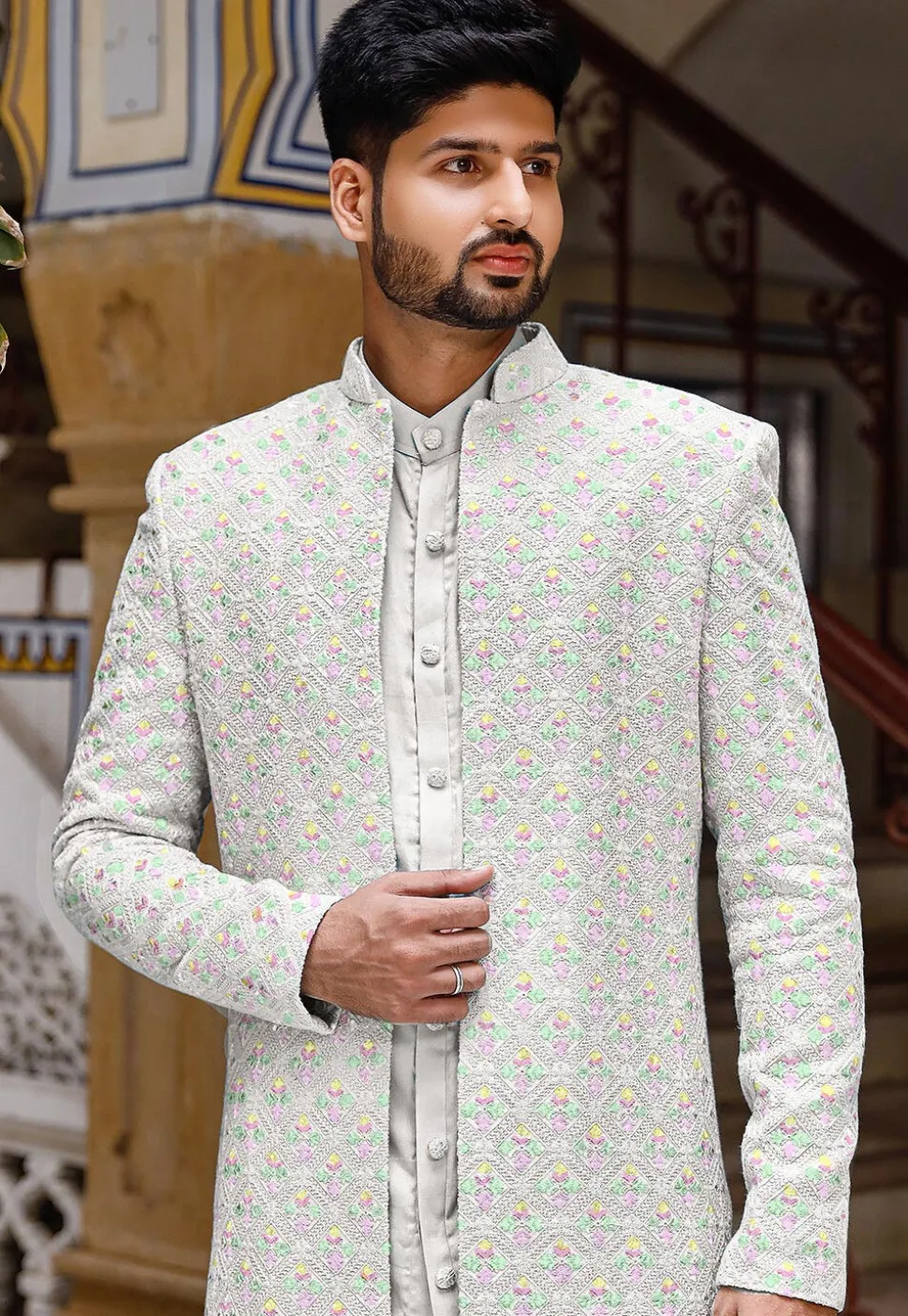 Chikankari Georgette Sherwani in Off White