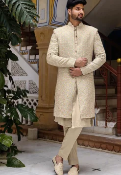 Chikankari Georgette Sherwani in Beige