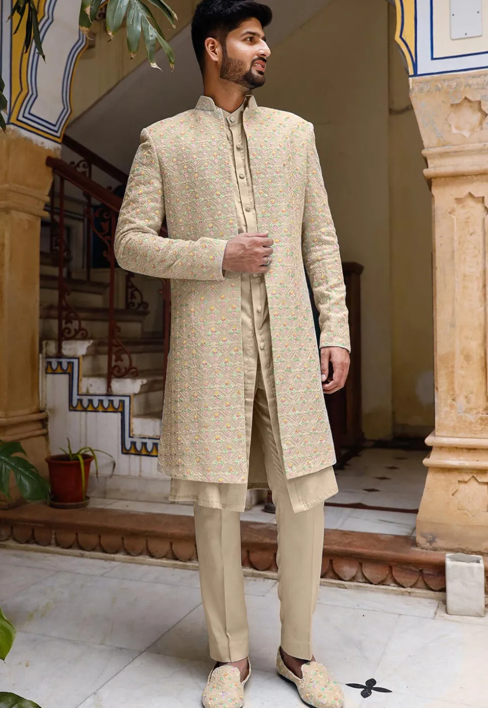 Chikankari Georgette Sherwani in Beige
