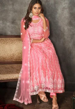 Chikankari Net Anarkali Suit in Peach