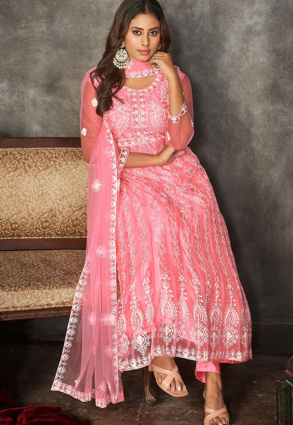 Chikankari Net Anarkali Suit in Peach