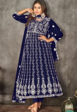 Chikankari Net Anarkali Suit in Navy Blue