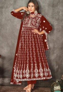 Chikankari Net Anarkali Suit in Maroon