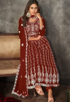 Chikankari Net Anarkali Suit in Maroon
