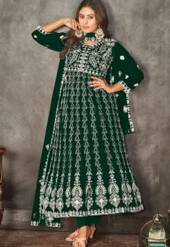 Chikankari Net Anarkali Suit in Dark Green