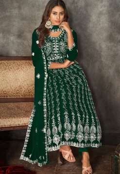 Chikankari Net Anarkali Suit in Dark Green