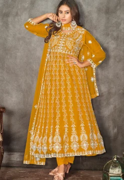 Chikankari Net Anarkali Suit in Mustard