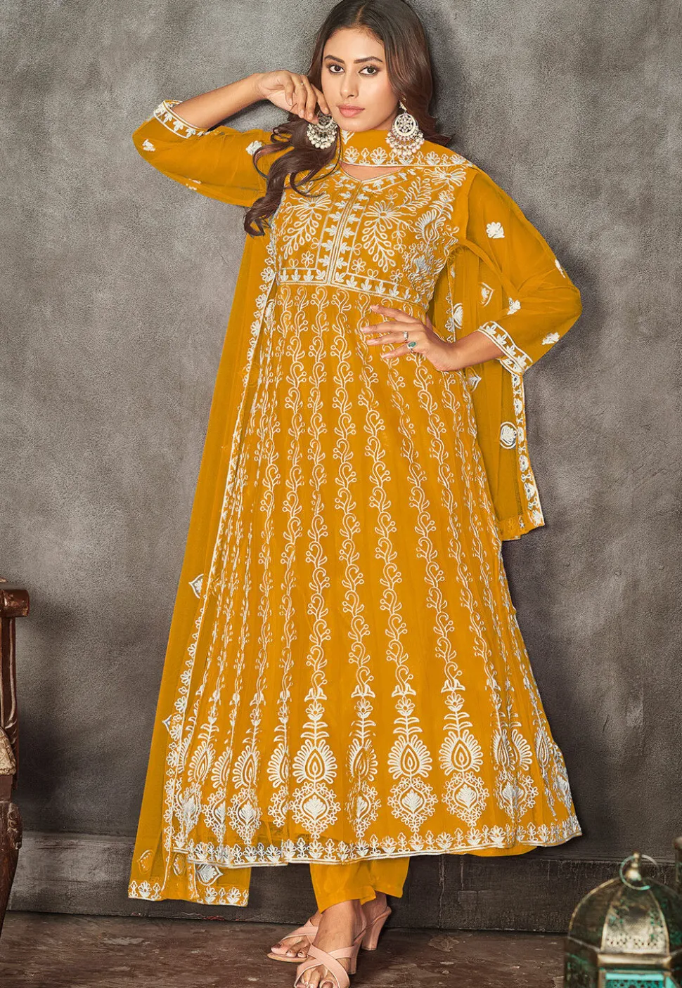 Chikankari Net Anarkali Suit in Mustard