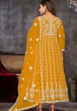 Chikankari Net Anarkali Suit in Mustard