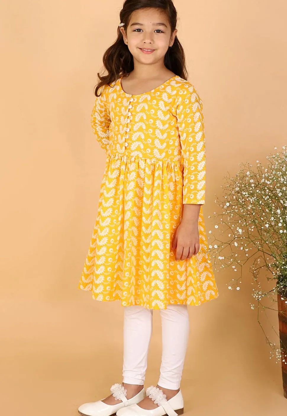 Chikankari Pure Cotton A Line Kurta Set in Mustard