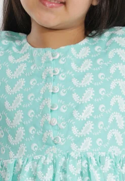 Chikankari Pure Cotton A Line Kurta Set in Turquoise