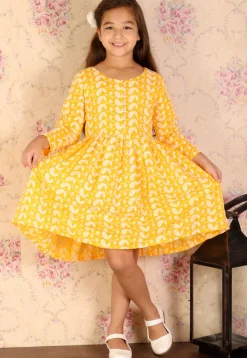 Chikankari Pure Cotton A Line Dress in Mustard
