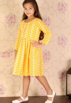 Chikankari Pure Cotton A Line Dress in Mustard