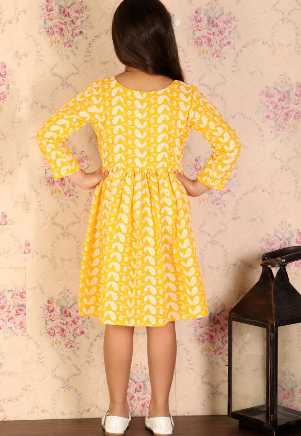 Chikankari Pure Cotton A Line Dress in Mustard