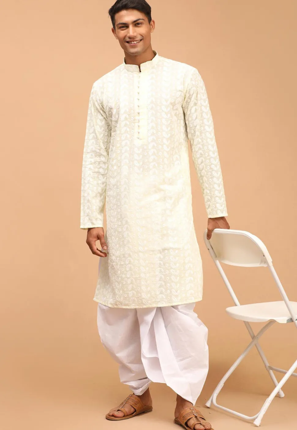 Chikankari Pure Cotton Dhoti Kurta in Cream