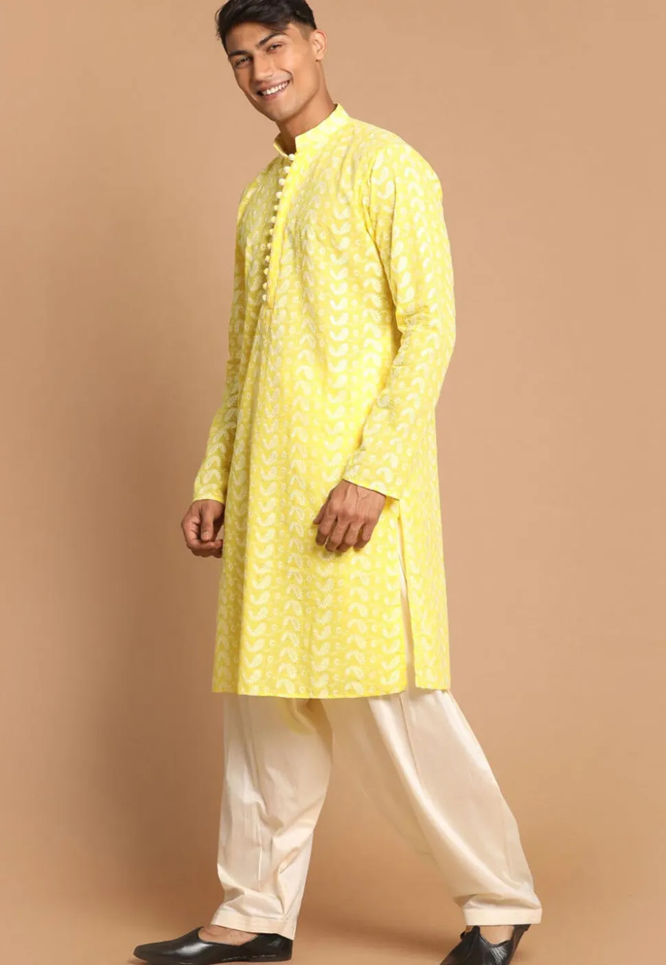 Chikankari Pure Cotton Dhoti Kurta in Yellow