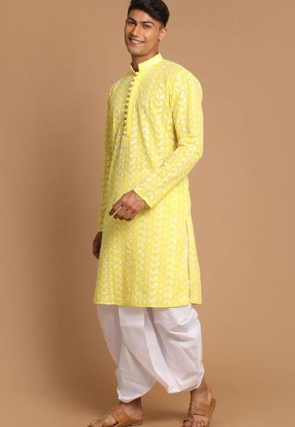 Chikankari Pure Cotton Dhoti Kurta in Yellow