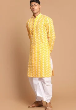 Chikankari Pure Cotton Dhoti Kurta in Mustard
