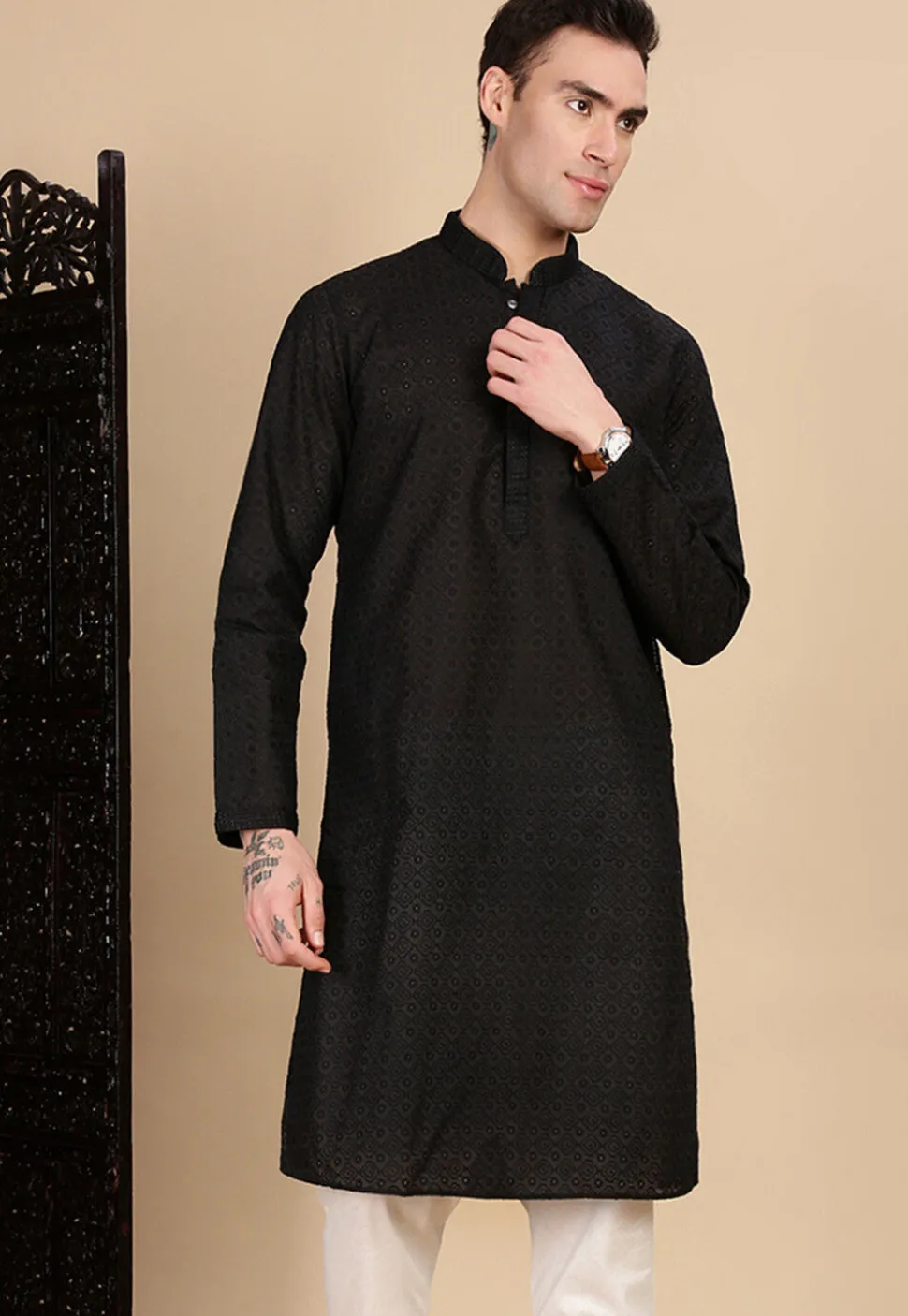 Chikankari Pure Cotton Kurta in Black