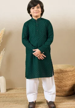 Chikankari Pure Cotton Kurta Set in Dark Green