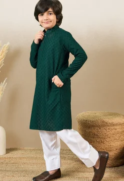 Chikankari Pure Cotton Kurta Set in Dark Green