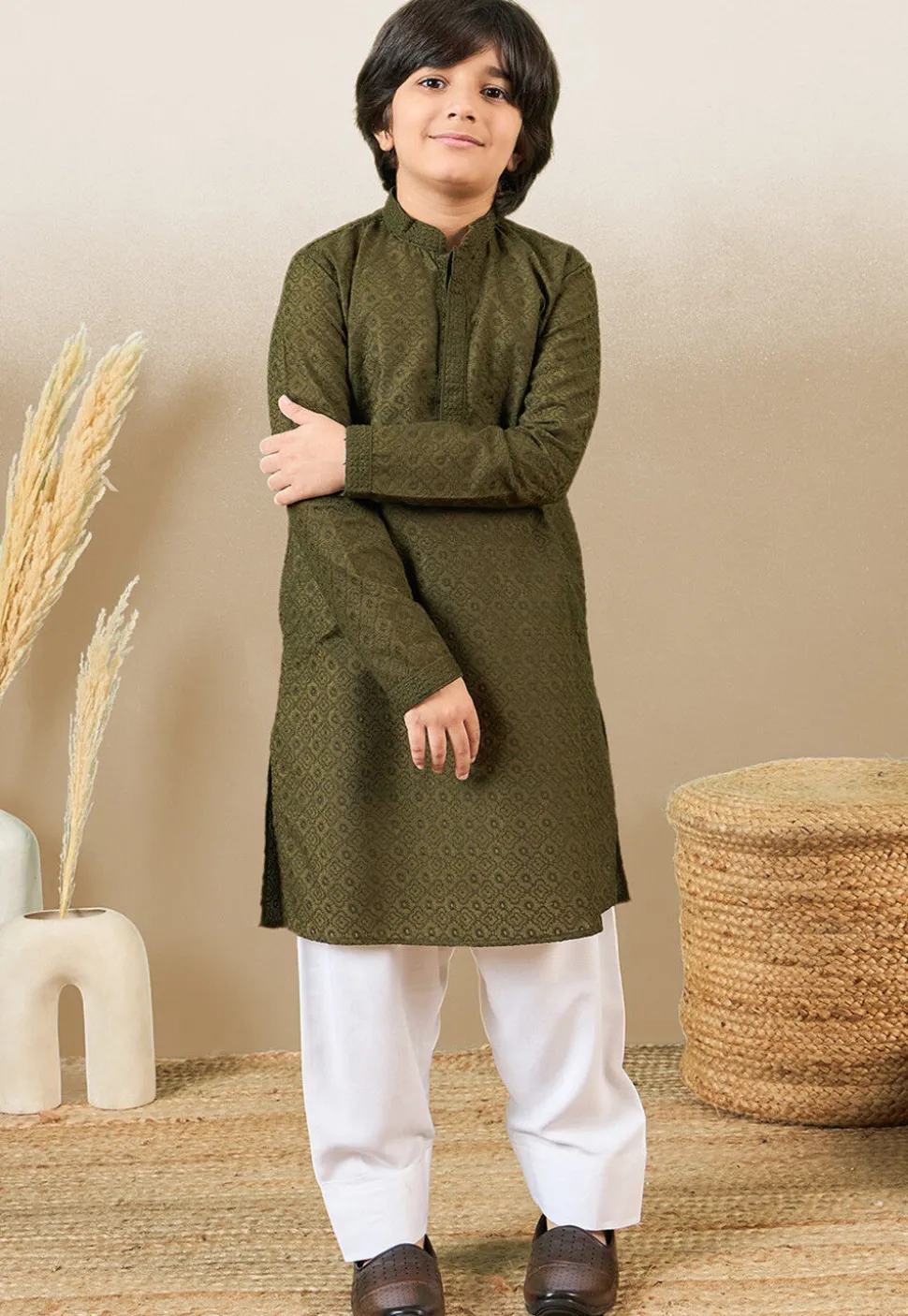Chikankari Pure Cotton Kurta Set in Olive Green