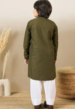 Chikankari Pure Cotton Kurta Set in Olive Green