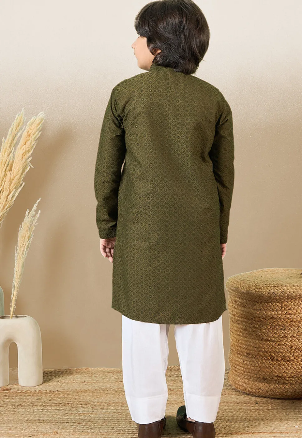 Chikankari Pure Cotton Kurta Set in Olive Green