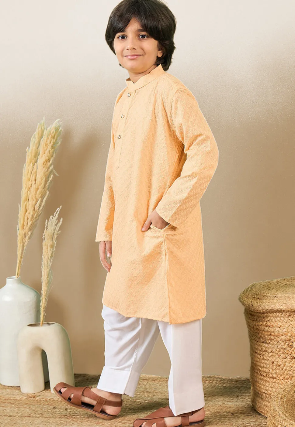 Chikankari Pure Cotton Kurta Set in Light Peach