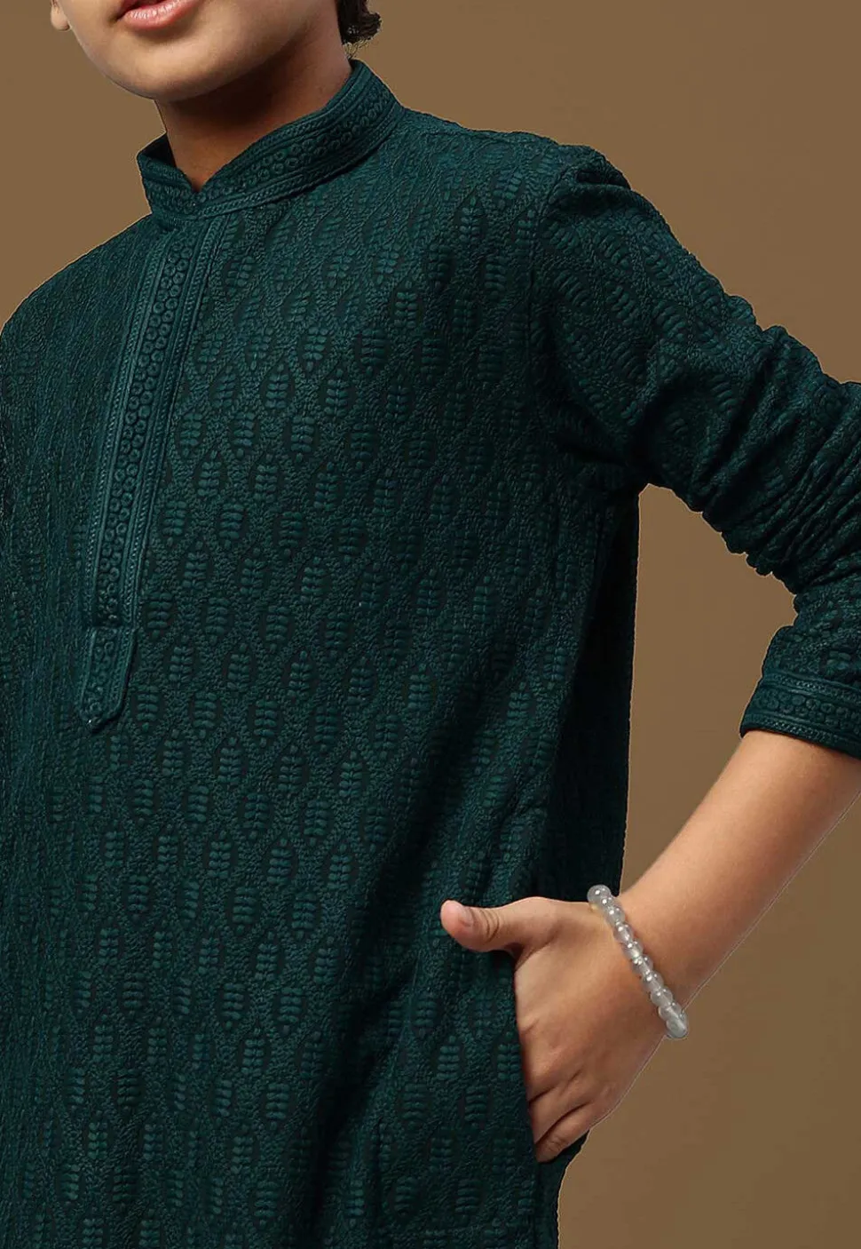 Chikankari Pure Cotton Kurta in Dark Teal Green
