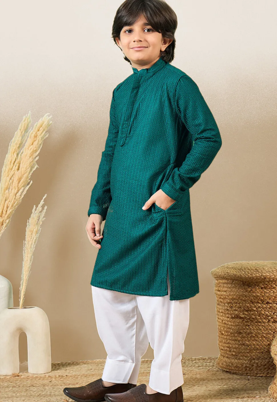 Chikankari Pure Cotton Kurta Set in Dark Teal Green