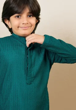 Chikankari Pure Cotton Kurta Set in Dark Teal Green