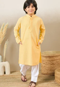 Chikankari Pure Cotton Kurta Set in Yellow
