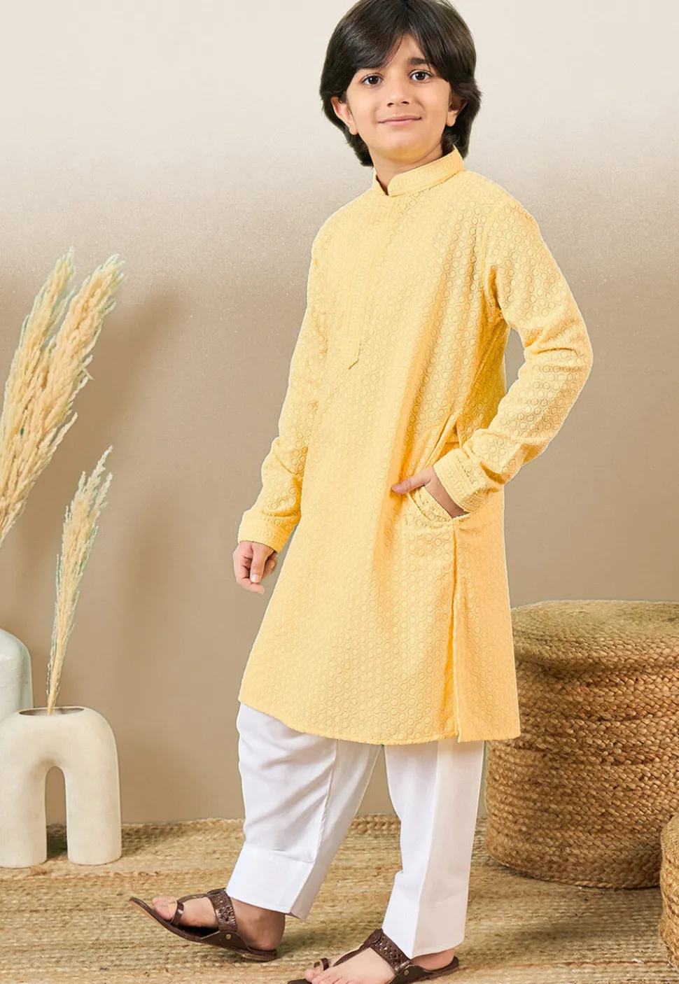Chikankari Pure Cotton Kurta Set in Yellow