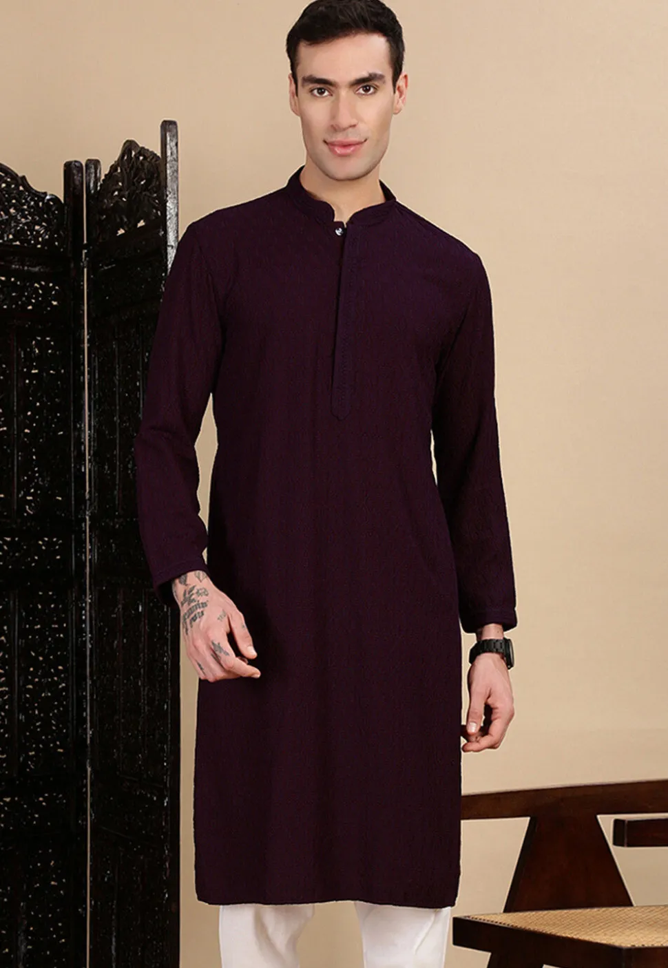 Chikankari Pure Cotton Kurta in Violet