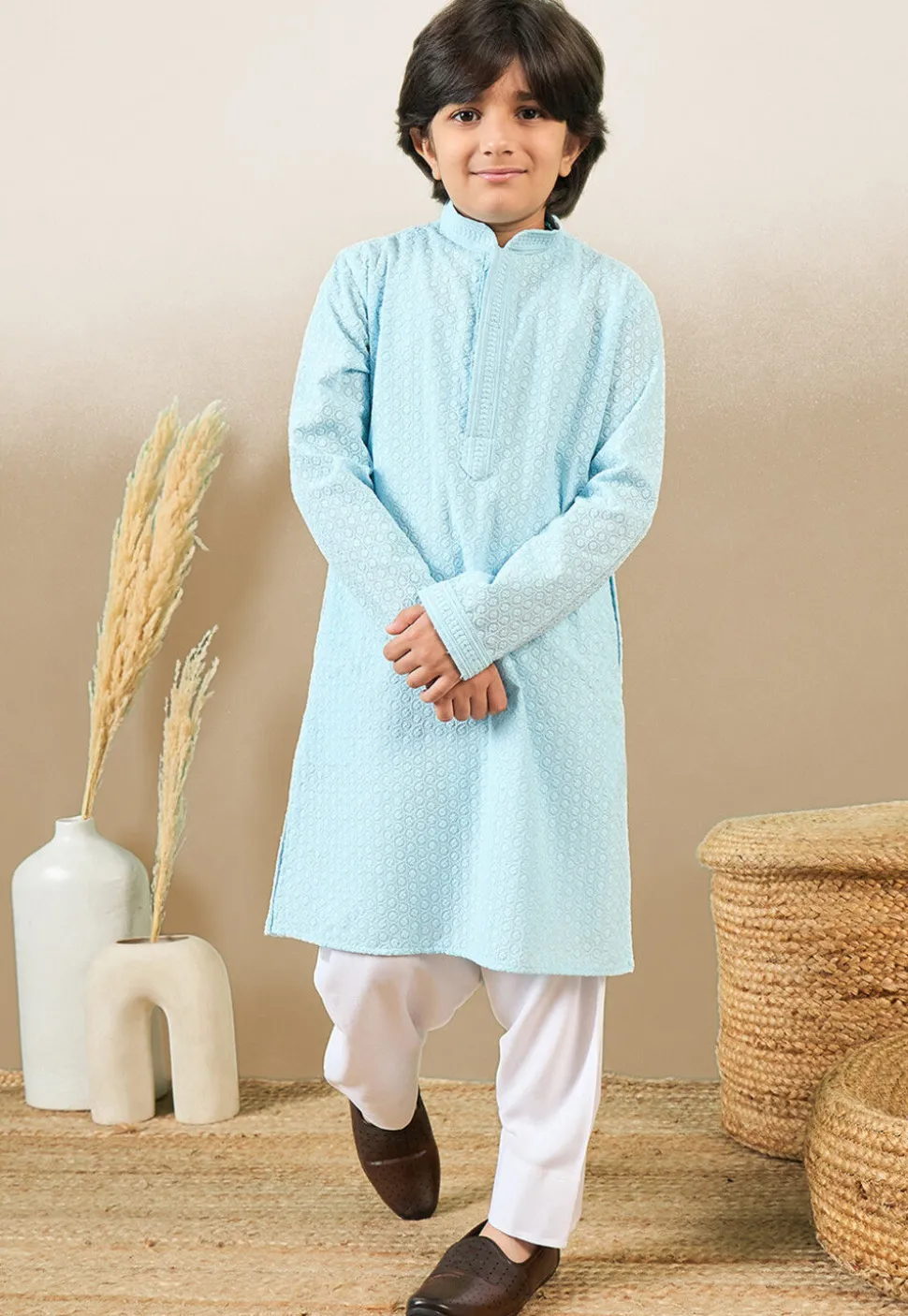 Chikankari Pure Cotton Kurta Set in Sky Blue