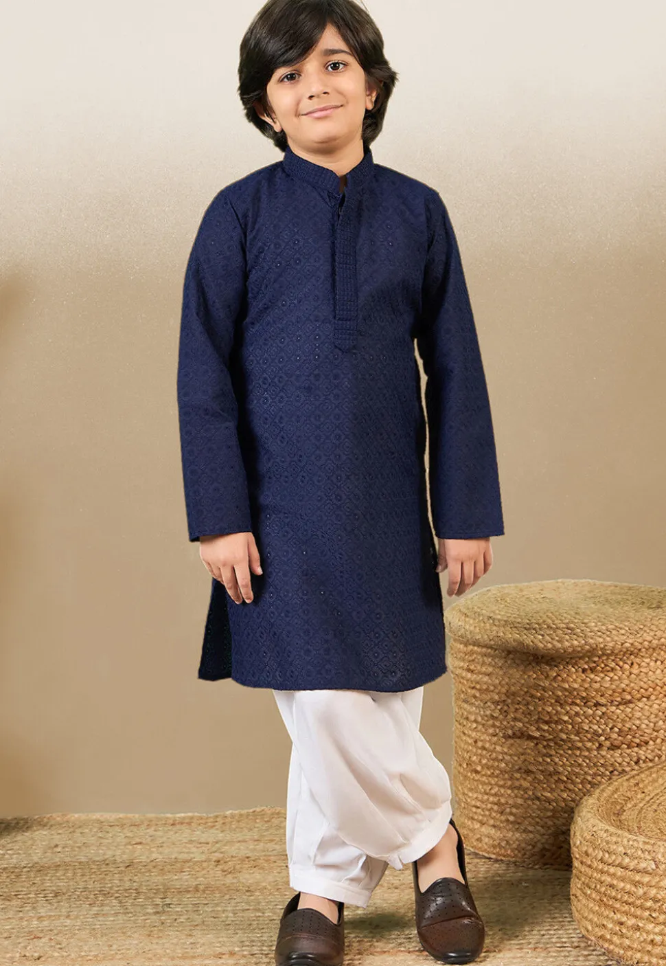 Chikankari Pure Cotton Kurta Set in Navy Blue