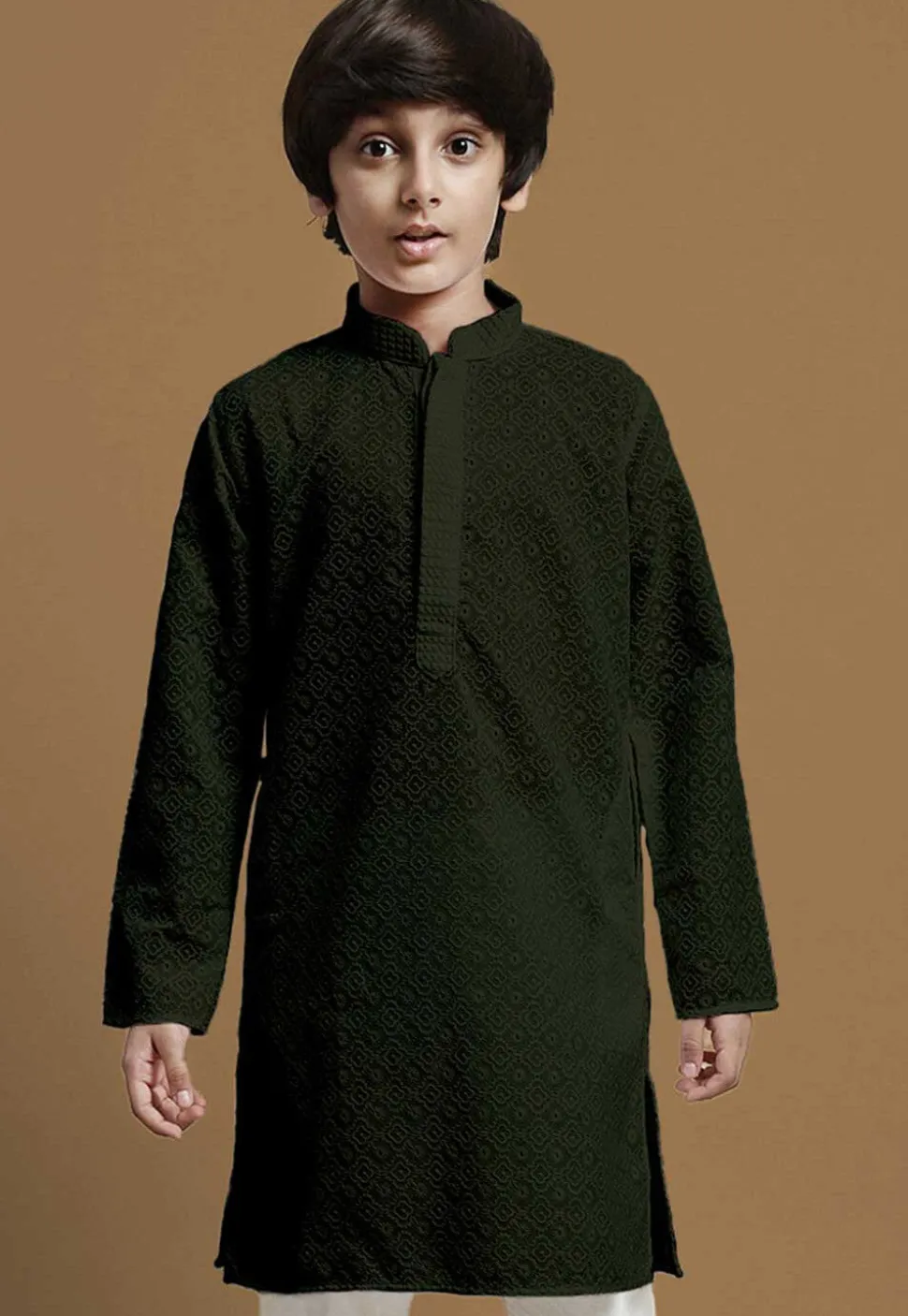 Chikankari Pure Cotton Kurta in Dark Olive Green