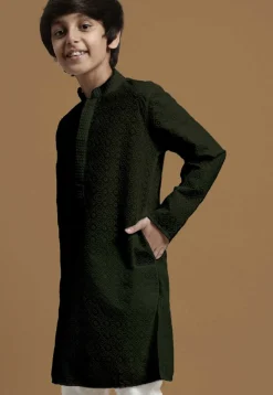 Chikankari Pure Cotton Kurta in Dark Olive Green