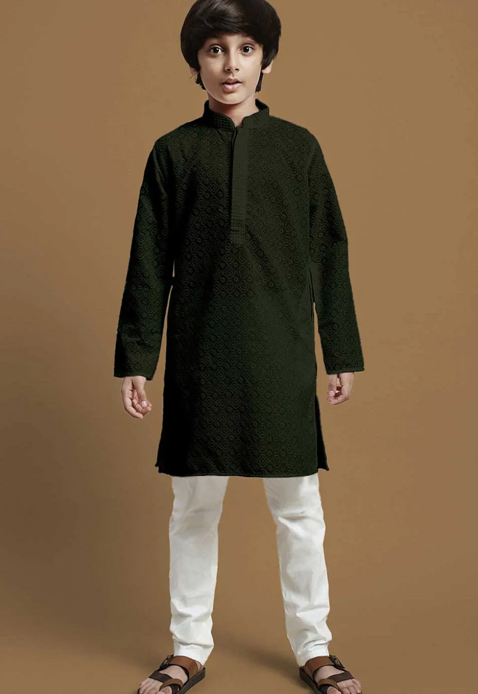Chikankari Pure Cotton Kurta in Dark Olive Green