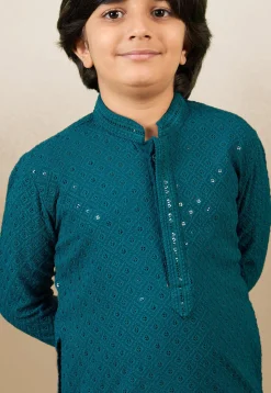 Chikankari Pure Cotton Kurta Set in Teal Blue