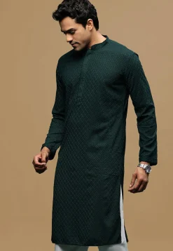 Chikankari Pure Cotton Kurta in Dark Teal Green