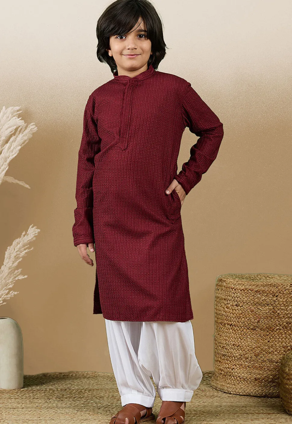 Chikankari Pure Cotton Kurta in Maroon