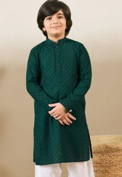 Chikankari Pure Cotton Kurta in Dark Green
