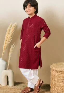 Chikankari Pure Cotton Kurta Set in Maroon