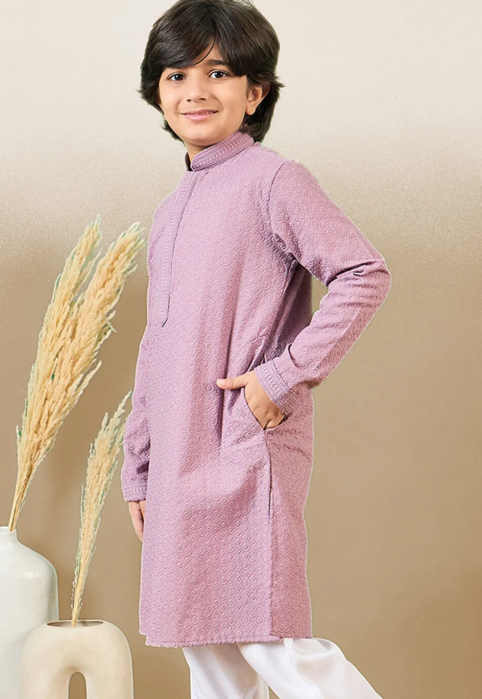 Chikankari Pure Cotton Kurta in Light Purple