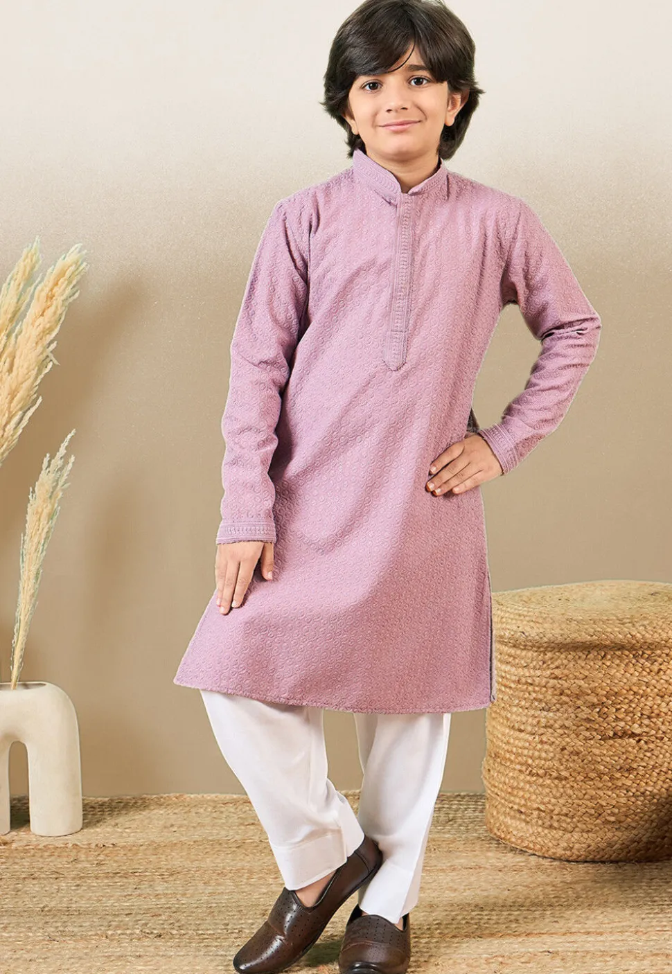 Chikankari Pure Cotton Kurta in Light Purple