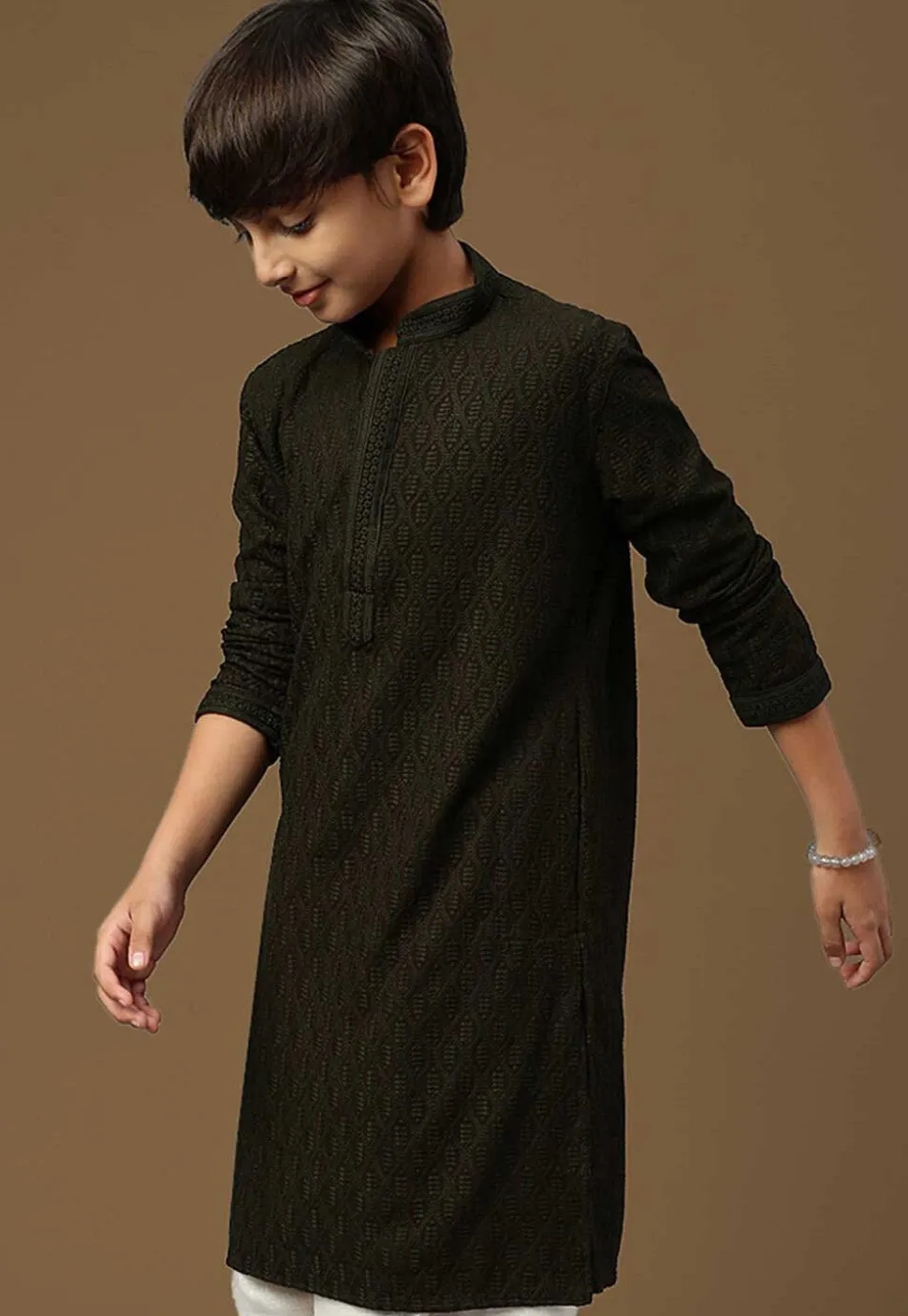 Chikankari Pure Cotton Kurta in Dark Olive Green