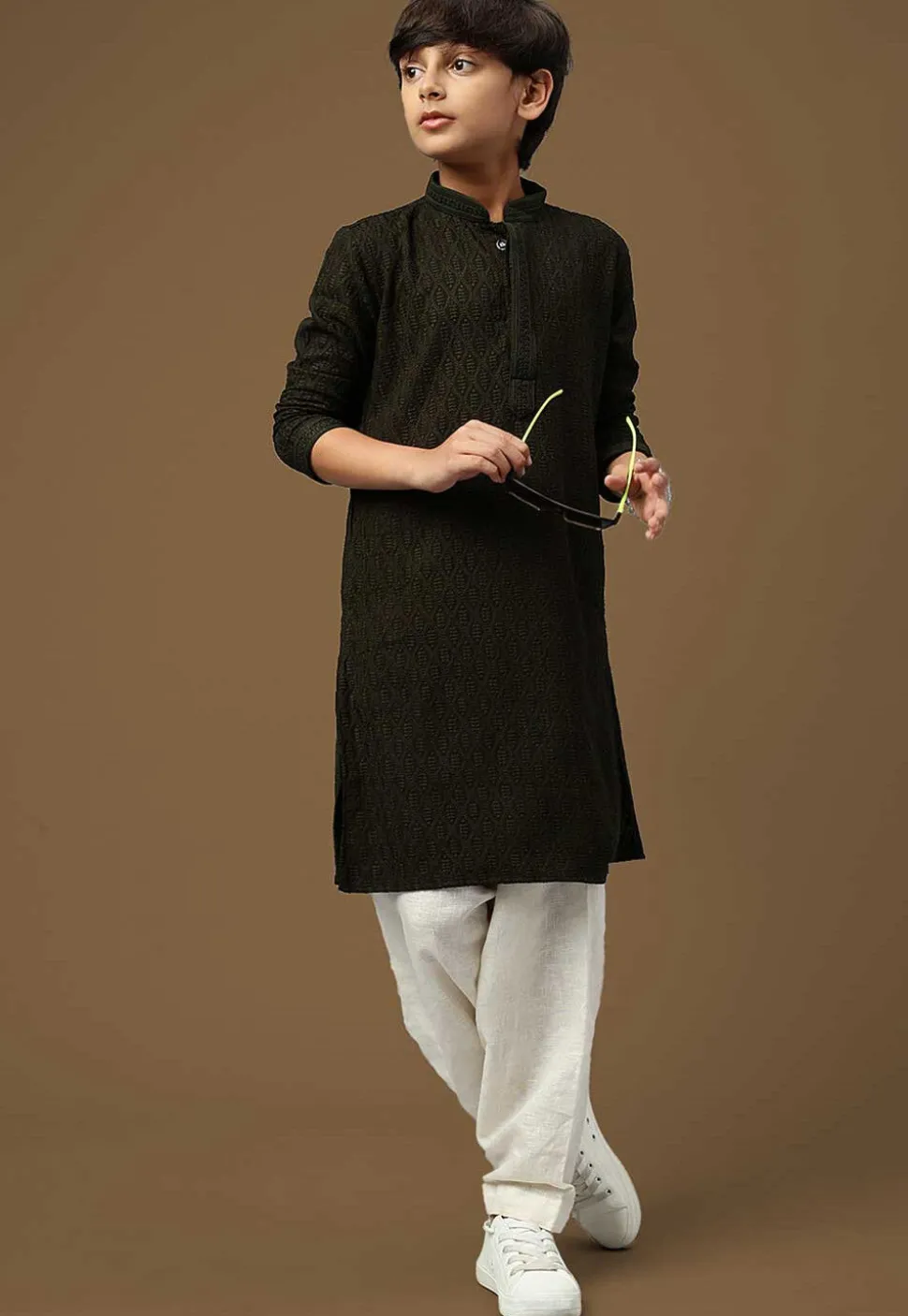 Chikankari Pure Cotton Kurta in Dark Olive Green